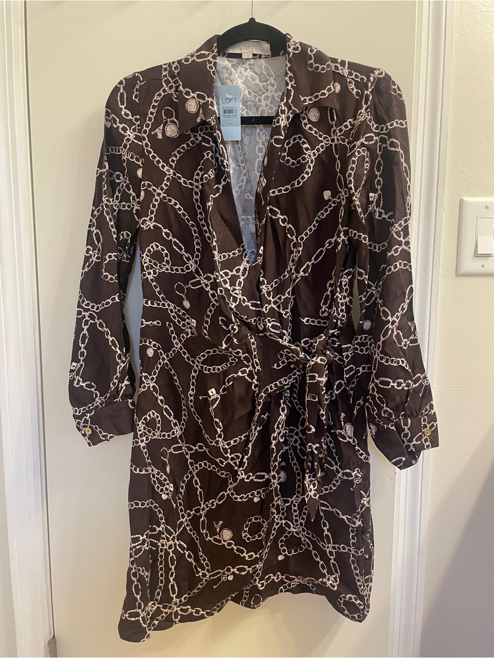 LOFT Brown Chain-Print Wrap Dress